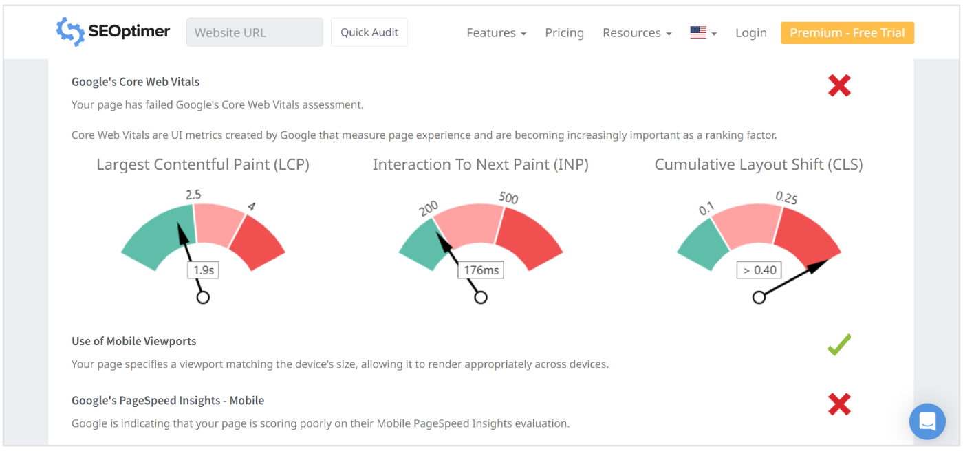 Puntuaciones de Core Web Vitals en auditoría SEO